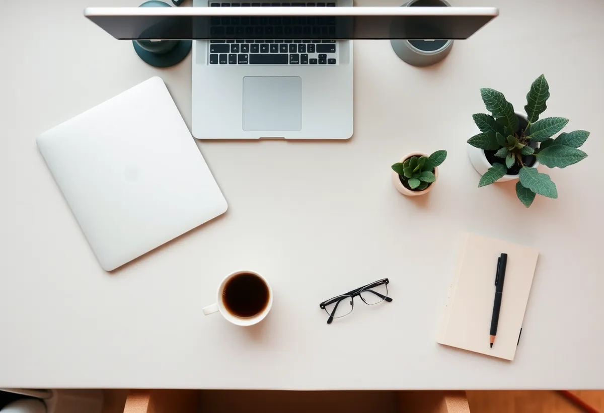 A calm, tidy desk seen from above — a laptop, a cup of coffee, glasses, a notebook and pen, and small potted plants.